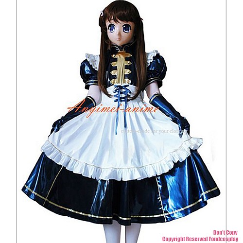 fondcosplay adult sexy cross dressing sissy maid long Navy thin Pvc Lockable Dress Uniform white apron CD/TV[CK951]