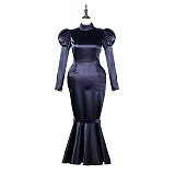 Fondcosplay Lockable Sissy Crossdressing Black Satin Mermaid Style Long Dress Costume [G2249]