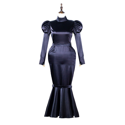 Fondcosplay Lockable Sissy Crossdressing Black Satin Mermaid Style Long Dress Costume [G2249]