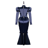 Fondcosplay Lockable Sissy Crossdressing Black Satin Mermaid Style Long Dress Costume [G2249]