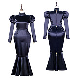 Fondcosplay Lockable Sissy Crossdressing Black Satin Mermaid Style Long Dress Costume [G2249]