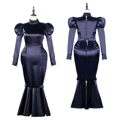 Fondcosplay Lockable Sissy Crossdressing Black Satin Mermaid Style Long Dress Costume [G2249]