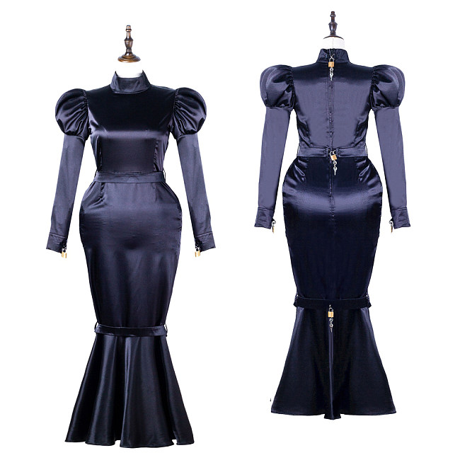 Fondcosplay Lockable Sissy Crossdressing Black Satin Mermaid Style Long Dress Costume [G2249]