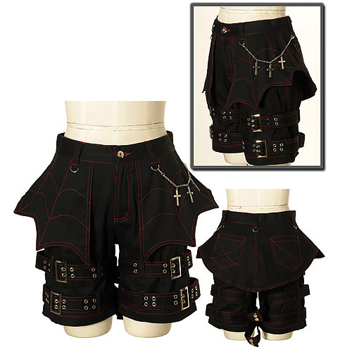 Visual Kei Gothic Buckled Shorts in Black Cotton with Cross Chains [CK1051]