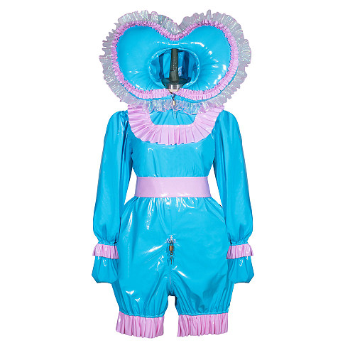 Fondcosplay Lockable Sissy Maid Thin PVC Romper Blue with Pink Trim Crossdressing Costume with Bonnet [G3944]