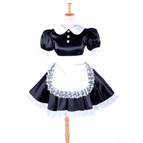 Lockable Short Satin Sissy Maid Dress with Lace-Trimmed Apron – Glossy Crossdressing Outfit [G027]