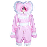 Fondcosplay Lockable Sissy Baby Romper Pink & White Heavy PVC Crossdressing Outfit with Heart Bonnet [G3910]