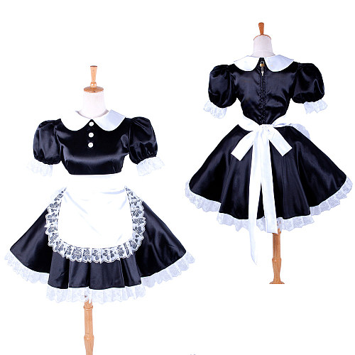 Lockable Short Satin Sissy Maid Dress with Lace-Trimmed Apron – Glossy Crossdressing Outfit [G027]