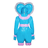 Fondcosplay Lockable Sissy Maid Thin PVC Romper Blue with Pink Trim Crossdressing Costume with Bonnet [G3944]