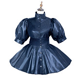 Fondcosplay Black Faux Leather Sissy Maid Uniform Dress with Puff Sleeves – Crossdressing Outfit [G3747]