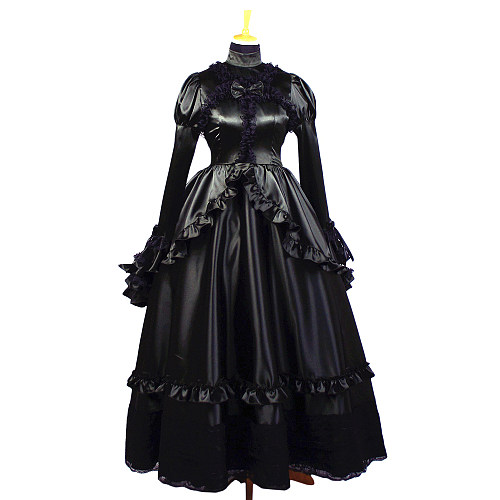 fondcosplay Black Satin Long Ruffled Sissy Maid Dress – Handmade & Lockable [G660]