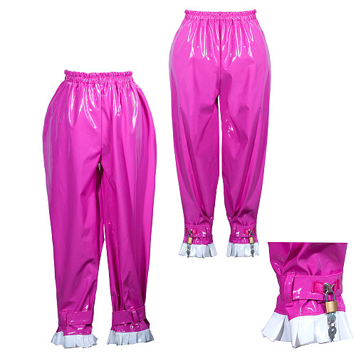 fondcosplay Hot Pink Heavy PVC Lockable Sissy Maid Pants with White Ruffle Cuffs – Handmade [G3775]