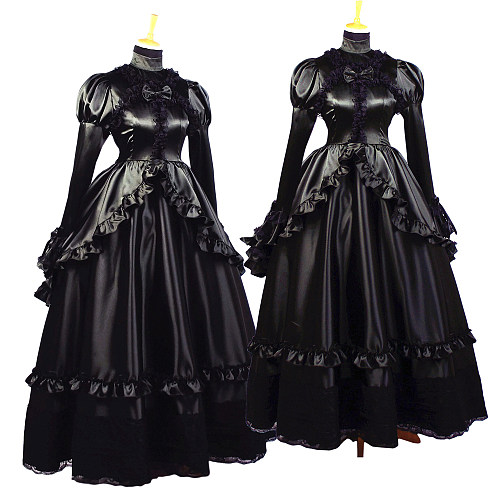 fondcosplay Black Satin Long Ruffled Sissy Maid Dress – Handmade & Lockable [G660]