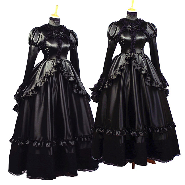 fondcosplay Black Satin Long Ruffled Sissy Maid Dress – Handmade & Lockable [G660]