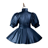 Fondcosplay Black Faux Leather Sissy Maid Uniform Dress with Puff Sleeves – Crossdressing Outfit [G3747]