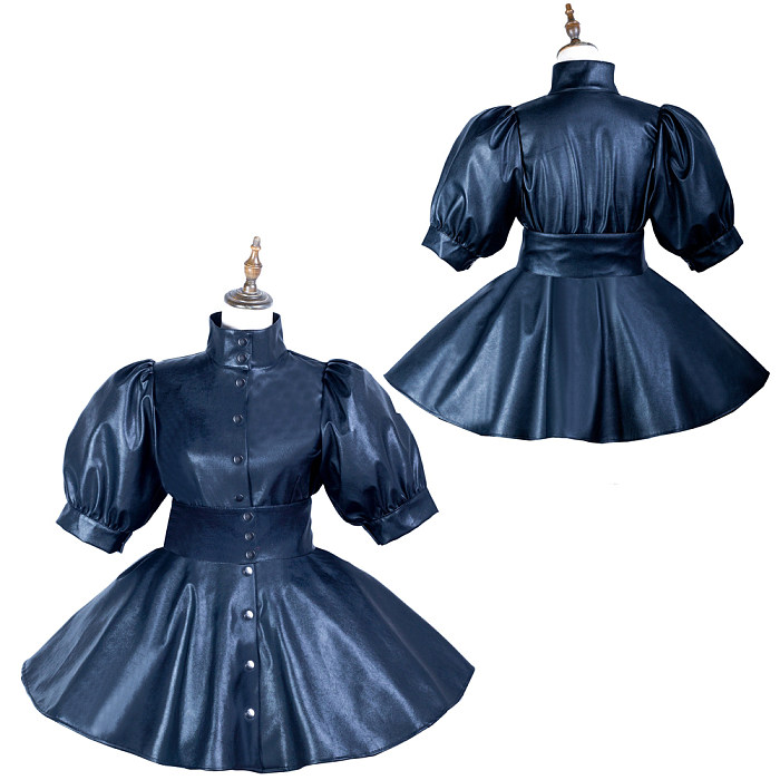 Fondcosplay Black Faux Leather Sissy Maid Uniform Dress with Puff Sleeves   Crossdressing Outfit [G3747]