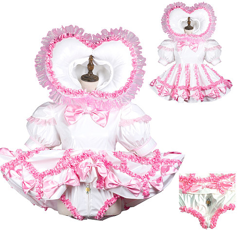 White Sissy Maid With Hood and Panties Lockable Thin PVC Short Dress G3704