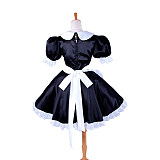 Lockable Short Satin Sissy Maid Dress with Lace-Trimmed Apron – Glossy Crossdressing Outfit [G027]