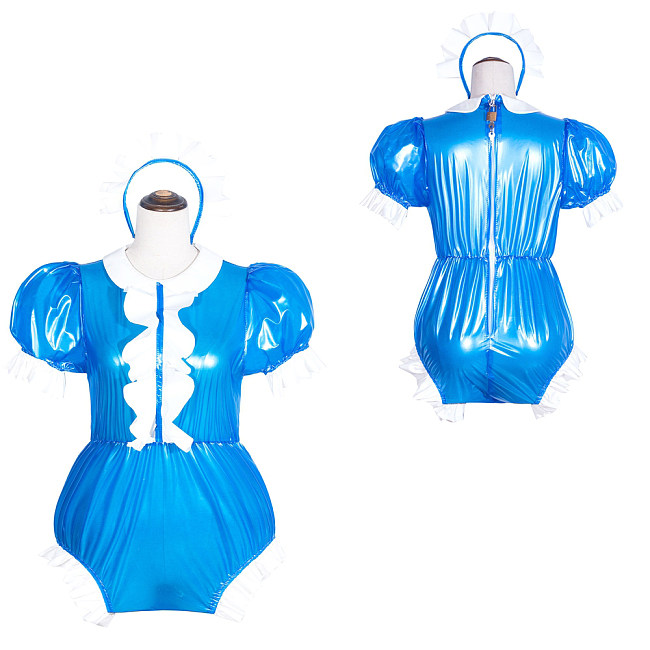 Fondcosplay Handmade Sissy Maid Crossdressing Lockable Clear PVC Blue Romper Costume with White Frills [G4065]