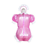 Fondcosplay Handmade Sissy Maid Crossdressing Lockable Clear PVC hot Pink Romper Costume with White Frills [G4067]
