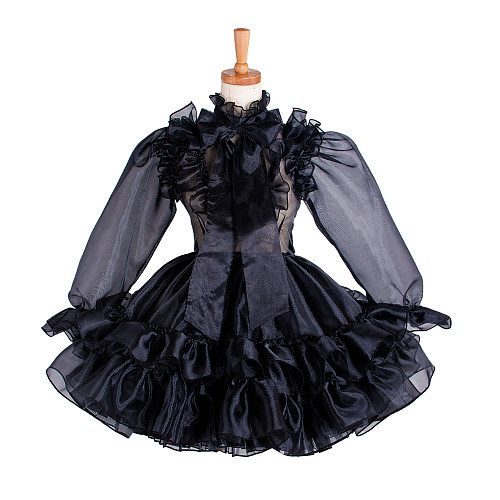 Black Satin Sissy Maid Lockable High Collar Puff Sleeves Short Dress G1214