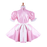 Lockable Sissy Maid Pink Faux Leather Dress with White Lace Apron for Crossdressing [G1424]