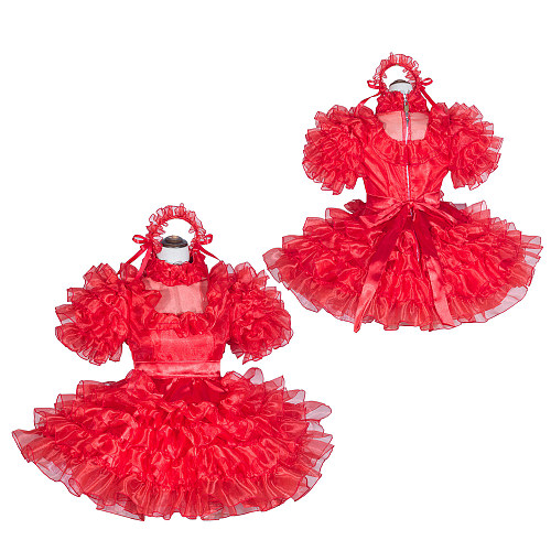 Fondcosplay Handmade Sissy Maid Crossdressing Lockable Satin and Organza Red Dress Costume with Ruffles [G4064]