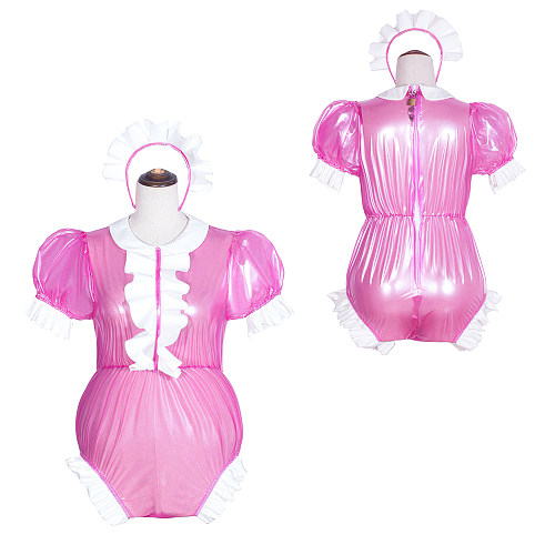 Fondcosplay Handmade Sissy Maid Crossdressing Lockable Clear PVC hot Pink Romper Costume with White Frills [G4067]