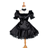 Black Satin Sissy Maid Square Collar Puff Sleeves Short Dress G1228
