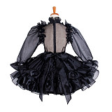 Black Satin Sissy Maid Lockable High Collar Puff Sleeves Short Dress G1214