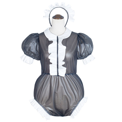 Fondcosplay Handmade Sissy Maid Crossdressing Lockable Clear PVC Black Romper Costume with White Frills [G4058]