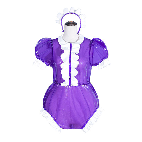 Fondcosplay Handmade Sissy Maid Crossdressing Lockable Clear PVC Purple Romper Costume with White Frills [G4062]
