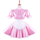 Lockable Sissy Maid Pink Faux Leather Dress with White Lace Apron for Crossdressing [G1424]