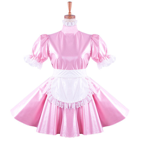 Lockable Sissy Maid Pink Faux Leather Dress with White Lace Apron for Crossdressing [G1424]
