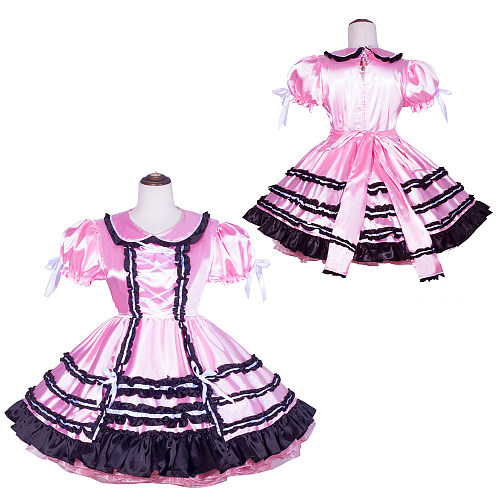 Fondcosplay Handmade Sissy Maid Crossdressing Lockable Satin Pink and Black Lolita Style Dress Costume [G4068]