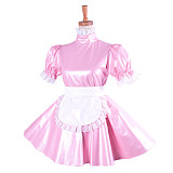 Lockable Sissy Maid Pink Faux Leather Dress with White Lace Apron for Crossdressing [G1424]