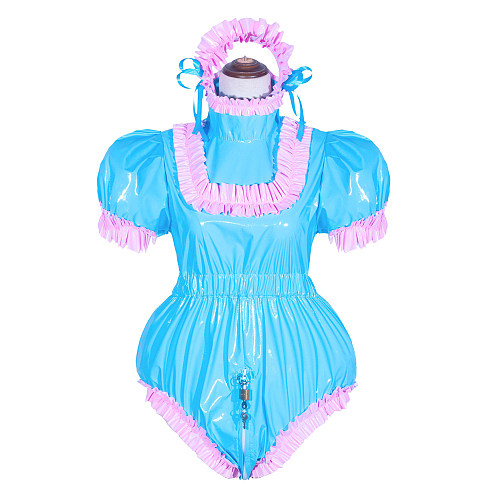 Fondcosplay Handmade Sissy Maid Crossdressing Lockable Thin PVC Blue Romper Costume with Pink Frills [G4050]