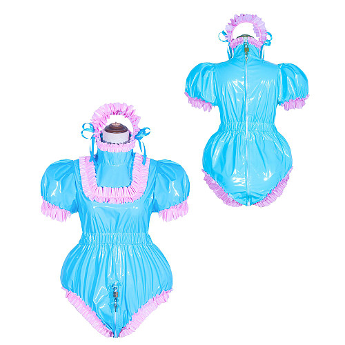 Fondcosplay Handmade Sissy Maid Crossdressing Lockable Thin PVC Blue Romper Costume with Pink Frills [G4050]