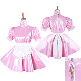 Lockable Sissy Maid Pink Faux Leather Dress with White Lace Apron for Crossdressing [G1424]