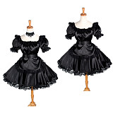 Black Satin Sissy Maid Square Collar Puff Sleeves Short Dress G1228
