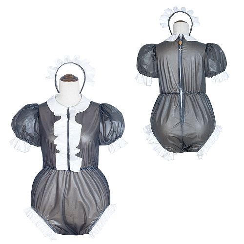 Fondcosplay Handmade Sissy Maid Crossdressing Lockable Clear PVC Black Romper Costume with White Frills [G4058]
