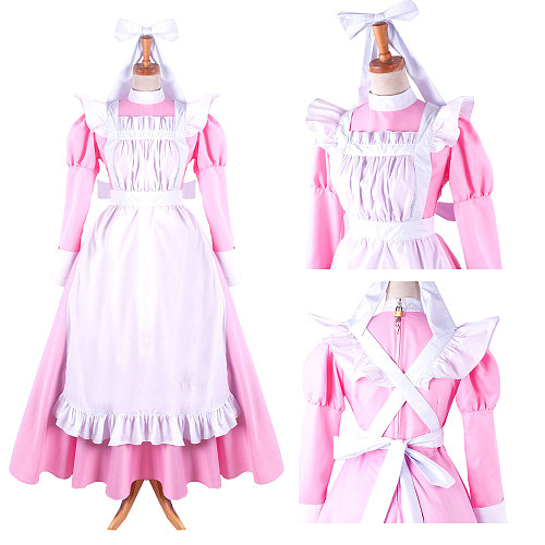 Lockable Pink Cotton Sissy Maid Crossdressing Long Dress with White Apron [G1411]