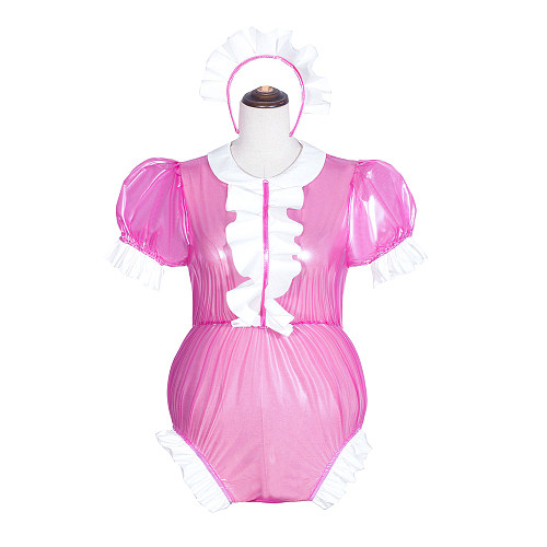 Fondcosplay Handmade Sissy Maid Crossdressing Lockable Clear PVC hot Pink Romper Costume with White Frills [G4067]