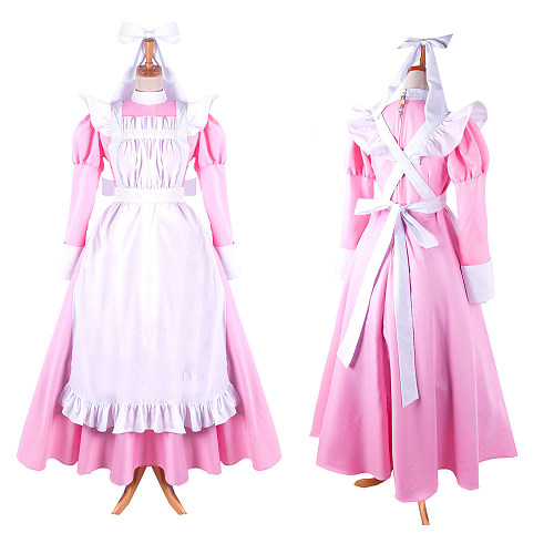 Lockable Pink Cotton Sissy Maid Crossdressing Long Dress with White Apron [G1411]
