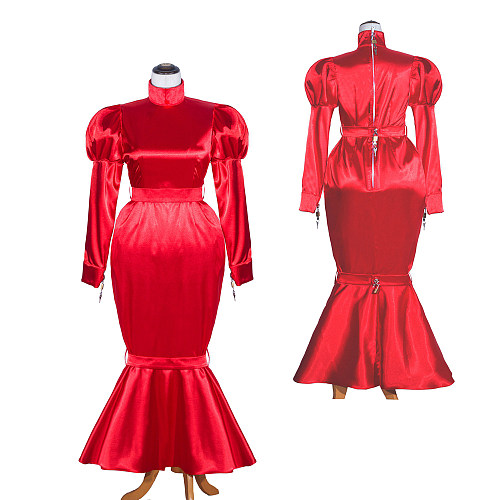 Fondcosplay Handmade Sissy Maid Crossdressing Lockable Satin Red Long Mermaid Dress Costume [G4061]