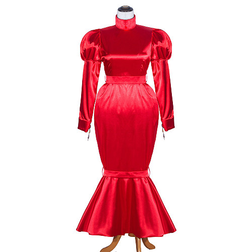 Fondcosplay Handmade Sissy Maid Crossdressing Lockable Satin Red Long Mermaid Dress Costume [G4061]