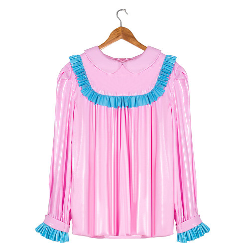 Fondcosplay Handmade Sissy Maid Crossdressing Thin PVC Pink Blouse with Blue Ruffle Trim [G4057]