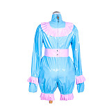 Fondcosplay Handmade Sissy Maid Crossdressing Lockable Thin PVC Blue Romper Costume with Pink Ruffles [G4063]