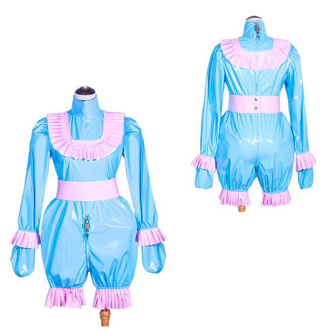 Fondcosplay Handmade Sissy Maid Crossdressing Lockable Thin PVC Blue Romper Costume with Pink Ruffles [G4063]