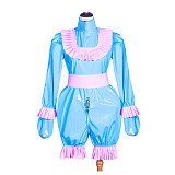 Fondcosplay Handmade Sissy Maid Crossdressing Lockable Thin PVC Blue Romper Costume with Pink Ruffles [G4063]